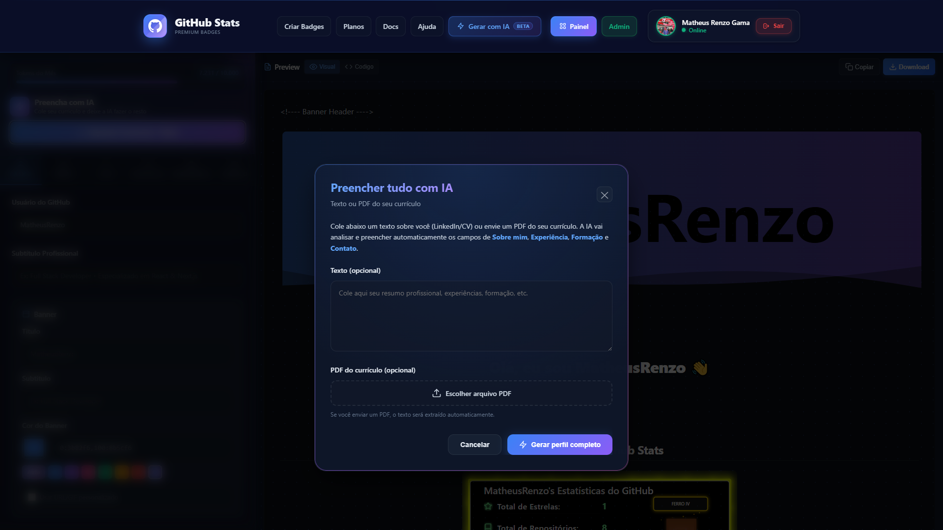 Gerador de Badges | GitHub Stats Generator | GitHub Stats Generator